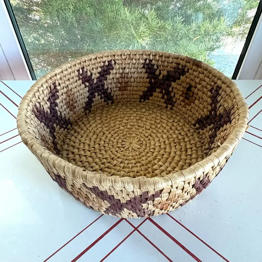 Vintage Woven Basket Bowl Natural Fiber Geometric Pattern 10 Inch